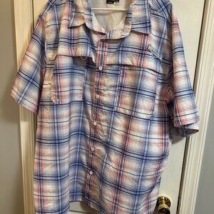 Men's Habit Red, White, and Blue Plaid Fishing Shirt, 3XL